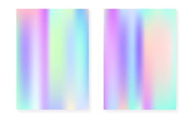 Holografik gradyan ile Pearlescent arkaplan. Hologram örtüsü hazır. 90 'lar, 80' ler modası. Pankart, sunum, afiş, broşür için grafik şablon. İnci arkaplan seti.