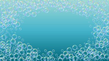 Sabun köpüğü. Deterjan banyosu köpüğü ve küvet için köpük. Şampuan. 3d vektör illüstrasyon pankartı. Canlı köpürme ve sıçrama. Gerçekçi su çerçevesi ve sınır. Mavi renkli sıvı sabun köpüğü.