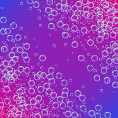 Banyo köpüğü eğimli arka planda. Gerçekçi su kabarcıkları 3 boyutlu. Şampuan köpüklü soğuk gökkuşağı renkli sıvı. Kozmetik broşür ve davetiye. Banyo köpüğü ve duş için. Vektör EPS10.