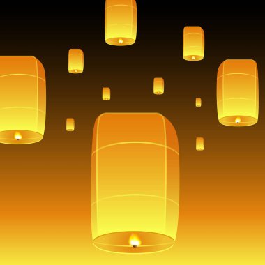 Loi Krathong gerçekçi illüstrasyon. Yi Peng Festivali. Gece gökyüzünde fenerler uçuşuyor. Tayland tatili. Vektör EPS10.