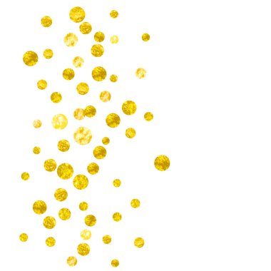 Arkaplanda noktalar olan altın parıltısı konfetileri. Işıltılı, rastgele düşen pullar. Parti davetiyesi, afiş, afiş, doğum günü kartı için altın parıltılı konfeti şablonu..