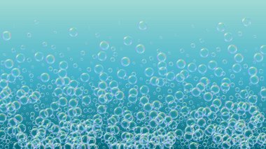 Sabun temizleme köpüğü arka planı. Şampuan köpükleri ve köpükler. 3d vektör illüstrasyonu. Şık bir sprey ve sıçrama. Gerçekçi su çerçevesi ve sınır. Mavi renkli sıvı sabun temizliği.