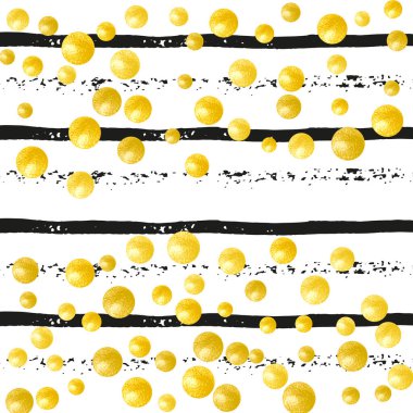 Siyah çizgili altın parıltılı konfeti. Işıltılı ve parıltılı parlak pullar. Tebrik kartı, düğün öncesi parti ve davetiye için altın parıltılı konfeti şablonu.