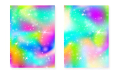 Kawaii arka planında gökkuşağı prensesi gradyanı var. Sihirli tek boynuzlu at hologramı. Holografik peri seti. Moda fantezi kapağı. Kawaii 'nin geçmişinde güzel kız partisi daveti için ışıltılar ve yıldızlar var..