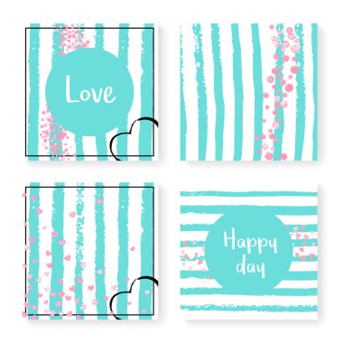 Parlak konfeti ve çizgili düğün davetiyesi. Nane ve beyaz arka planda pembe kalpler ve noktalar. Düğün davetiyeli tasarım parti, etkinlik, düğün partisi, tarih kartı kaydet.