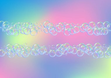 Arkaplanda sabun köpüğü var. Gerçekçi su kabarcıkları 3 boyutlu. Şampuan köpüklü serin gökkuşağı renkli sıvı köpük. Yatay kozmetik broşür ve davetiye. Banyo ve duş için sabun köpüğü. Vektör EPS10.