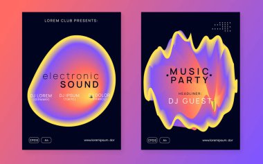 Müzik festivali seti. Elektronik ses. Gece dansı yaşam tarzı tatili. Akışkan holografik gradyan şekil ve çizgi. Soyut bağımsız konser kapağı şablonu. Yaz posteri ve müzik festivali broşürü.