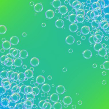 Arkaplanda sabun köpüğü var. Gerçekçi su kabarcıkları 3 boyutlu. Şampuan köpüklü serin gökkuşağı renkli sıvı köpük. Kozmetik broşür ve davetiye. Banyo ve duş için sabun. Vektör EPS10.