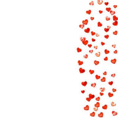 Sevgililer günü için kırmızı parıltılı kalp çerçevesi. 14 Şubat günü. Kalp şablonu için vektör konfetisi. Grunge el çizimi dokusu. Kupon için aşk teması, özel iş ilanı, afiş.