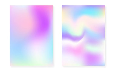 Hologram gradyan arkaplan seti. 90 'lar, 80' ler modası. Broşür, pankart, duvar kağıdı, mobil ekran için Pearlescent grafik şablonu. Plastik minimal holografik kaplama.