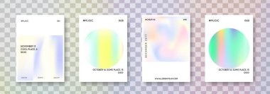 Holografik kapak seti. Soyut arka planlar. Gradyan örgülü renkli holografik kapak. 90 'lar, 80' ler modası. Pankart, sunum, pankart, broşür için yanardöner grafik şablonu.