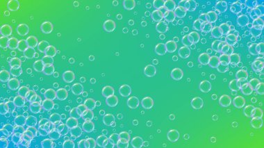 Sabun temizleme köpüğü arka planı. Şampuan köpükleri ve köpükler. Parlak püskürtme ve sıçrama. Gerçekçi su çerçevesi ve sınır. 3d vektör illüstrasyonu. Yeşil renkli sıvı sabun temizliği.