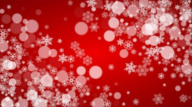 Kırmızı arka planda Noel kar taneleri. Noel Baba renkleri. Bayram afişleri, kartlar, satışlar ve özel teklifler için yatay Noel kar taneleri çerçevesi. Kutlama için Bokeh 'le kar yağıyor.