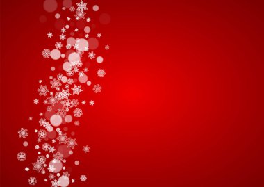Kırmızı arka planda Noel karı. Noel Baba renkleri. Kış afişi için yatay çerçeve, hediye kuponu, kupon, ilan, parti etkinliği. Yeni yıl ve Noel kar tasarımı. Kutlama için düşen kar taneleri