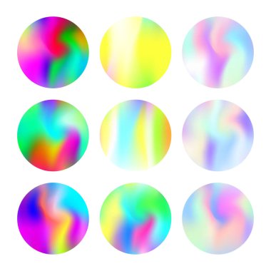 Gradyan yuvarlak set ve holografik ağ. Çok renkli soyut gradyan yuvarlak arka planlar. 90 'lar, 80' ler modası. Pankart, el ilanı, kapak, mobil arayüz, web uygulaması için Pearlescent grafik şablonu.