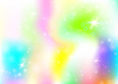 Gökkuşağı örgülü tek boynuzlu at arka planı. Kawaii evren sancağının prenses renkleri. Hologramla fantezi gradyanı. Sihirli parıltıları, yıldızları ve bulanıklığı olan holografik tek boynuzlu at arka planı.