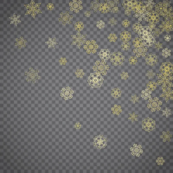 Vereinzelte Schneeflocken Auf Transparentem Grauen Hintergrund Gold Glitzert Schnee Winterschlussverkauf — Stockvektor