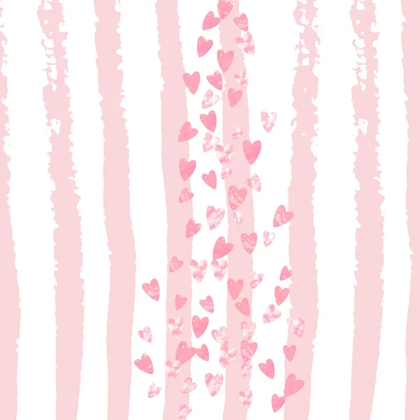 Coeurs Roses Paillettes Confettis Sur Rayures Blanches Paillettes Chute Aléatoires — Image vectorielle