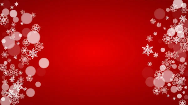 红色背景上的圣诞雪花 圣诞老人的颜色 水平圣诞雪花框架为假日横幅 庆祝晚会时 雪花飘扬 — 图库矢量图片