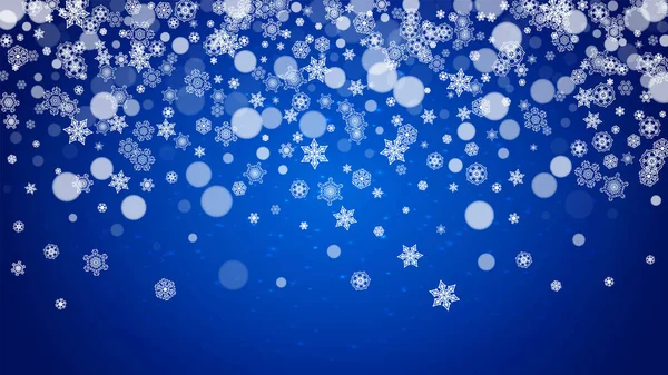 クリスマスと新年のお祝いのための白い雪片と冬の国境 バナー ギフトクーポン バウチャー パーティーイベントの青い背景の水平冬の境界線 霜降り雪片 — ストックベクタ