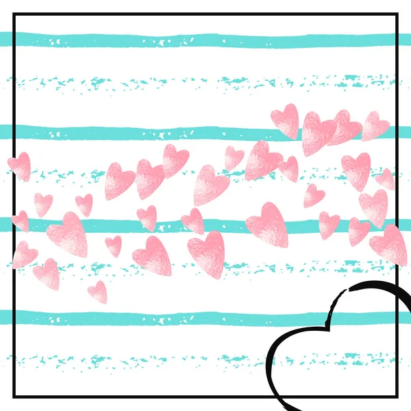 Confettis Coeur Rose Pailleté Sur Rayures Turquoise Paillettes Chute Aléatoires — Image vectorielle