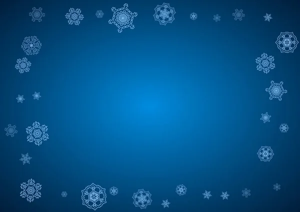 輝く青い背景に新年の雪の結晶 水平クリスマスと新年の雪の結晶が落ちる シーズン販売のために 特別オファー バナー カード パーティー招待状 チラシ 白い霜降りの雪 — ストックベクタ