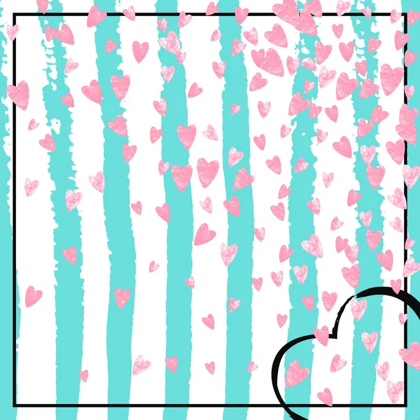 Confettis Coeur Rose Pailleté Sur Rayures Turquoise Paillettes Aléatoires Brillantes — Image vectorielle