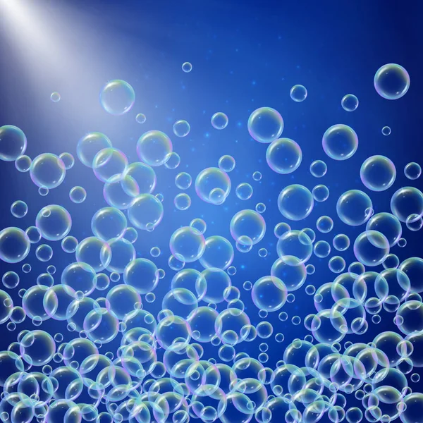Пена Шампуня Плавании Реалистичными Пузырьками Воды Синем Фоне Солнечной Вспышкой — стоковый вектор
