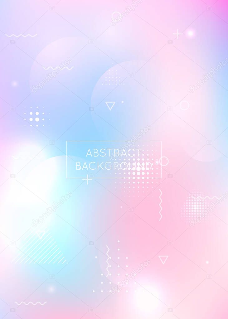 Dynamic shape background with liquid fluid. Holographic bauhaus gradient with memphis elements. Graphic template for flyer, ui, magazine, poster, banner and app. Bright dynamic shape background.