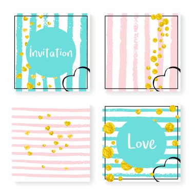 Parlak konfeti ve çizgili düğün davetiyesi. Pembe ve nane arkaplanda altın kalpler ve noktalar. Düğün davetiyesi şablonu parti, etkinlik, düğün partisi, tarih kartını kaydet.