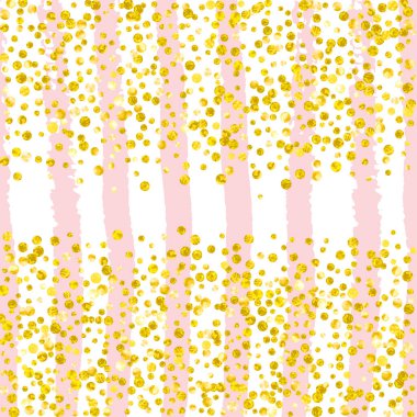 Pembe çizgili düğün simleri konfetisi. Metalik pırıltısıyla düşen pullar. Parti daveti, düğün öncesi parti daveti ve düğün davetiyesi için altın parıltılı şablon.