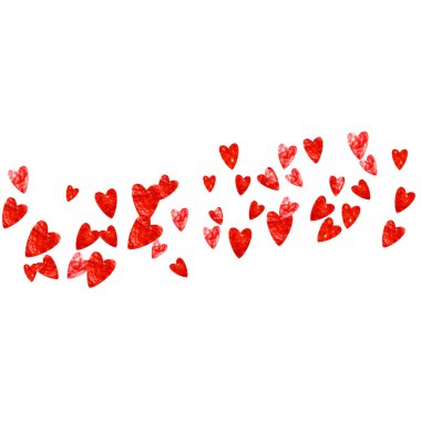 Sevgililer Günü için kırmızı parıltılı bir kalp sınırı. 14 Şubat günü. Kalp sınır şablonu için vektör konfetisi. Grunge el çizimi dokusu. Kupon için aşk teması, özel iş ilanı, afiş.