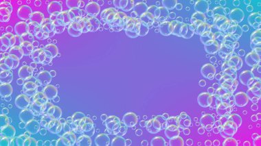 Banyo köpüğü eğimli arka planda. Gerçekçi su kabarcıkları 3 boyutlu. Şampuan köpüklü serin gökkuşağı renkli sıvı köpük. Kozmetik broşür ve davetiye. Banyo köpüğü ve duş için. Vektör EPS10.