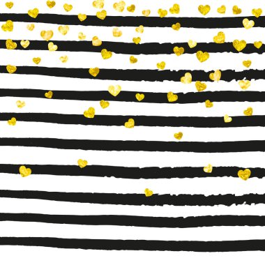 Siyah çizgili bir kalple gösterişli düğün konfetisi. Parıltı ve parıltıyla düşen pullar. Parti davetiyesi, bayrak, tebrik kartı, düğün öncesi parti için altın parıltılı tasarım.