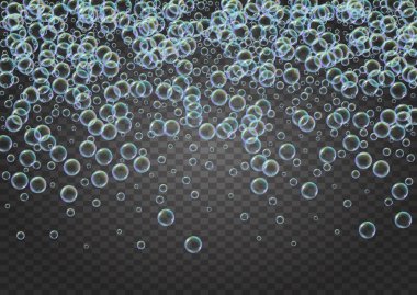 Köpük köpüğü. Küvet için deterjan köpüğü ve sabun. Şampuan. Yaratıcı köpürme ve sıçrama. Gerçekçi su çerçevesi ve sınır. 3d vektör illüstrasyon düzeni. İzole edilmiş renkli sıvı köpükler..