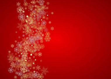 Kırmızı arka planda Noel karı. Kış pankartları için ışıltılı çerçeve, hediye kuponu, kupon, reklam, parti etkinliği. Noel Baba 'nın renkleri altın Noel karıyla boyanır. holida için yatay düşen kar taneleri
