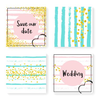 Çizgili düğün konfetisi. Davetiye ayarlandı. Pembe ve nane arkaplanda altın kalpler ve noktalar. Parti için düğün konfetisi tasarımı, etkinlik, gelin partisi, tarih kartı kaydet.