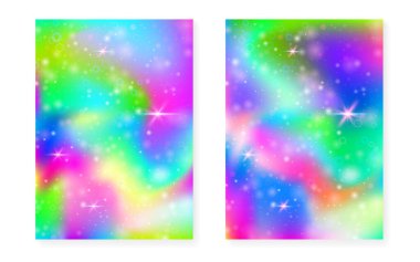 Kawaii gökkuşağı gradyanı olan prenses arkaplanı. Sihirli tek boynuzlu at hologramı. Holografik peri seti. Fantezi kapağı. Hoş kız partisi daveti için pırıltılı ve yıldızlı prenses arkaplanı.