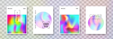 Holografik poster seti. Soyut arka planlar. Gradyan örgülü güzel bir holografik poster. 90 'lar, 80' ler modası. Kitap, yıllık, mobil arayüz, web uygulaması için yanardöner grafik şablonu.