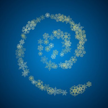 Mavi arka planda yeni yıl karı. Altın parıltılı kar taneleri. Noel ve Yeni Yıl kar arka planda yağıyor. Sezon satışları, özel teklifler, afişler, kartlar, parti davetiyeleri, el ilanları. Mavide dondurucu kış.