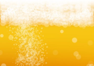 Bira festivali arka planı ve gerçekçi baloncuklar. Restoran menüsü tasarımı, afişler ve afişler için güzel bir içecek. Sarı yatay bira festivali arka planı köpüklü. Bira fabrikası tasarımı için soğuk bir bardak bira..