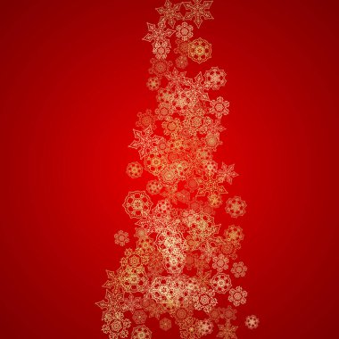 Kırmızı arka planda Noel kar taneleri. Mevsimlik kış afişleri için ışıltılı çerçeve, hediye kuponu, kupon, reklam, parti etkinliği. Noel Baba 'nın renkleri ve altın Noel kar taneleri. Tatil için kar yağıyor.