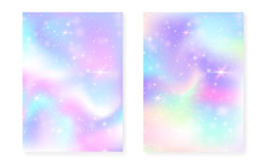 Prenses gökkuşağı gradyanı ile sihirli arka plan. Kawaii tek boynuzlu at hologramı. Holografik peri seti. Mistik fantezi kapağı. Tatlı kız daveti için ışıltılı ve yıldızlı sihirli bir arka plan..