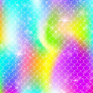 Prenses gökkuşağı desenli Kawaii deniz kızı geçmişi. Sihirli parıltılı ve yıldızlı balık kuyruğu afişi. Kız partisi için deniz fantezisi davetiyesi. Canlı kawaii deniz kızı arkaplanı.