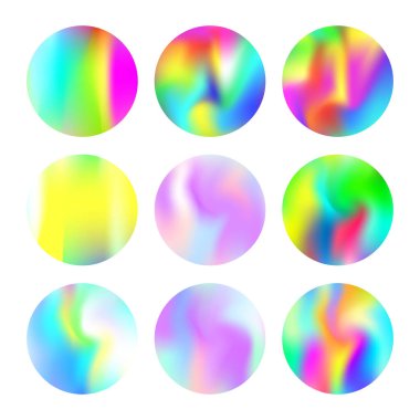 Holografik soyut arkaplanlar ayarlandı. Gradyan örgülü gelecekteki holografik arkaplan. 90 'lar, 80' ler modası. Broşür, el ilanı, poster, duvar kağıdı, mobil ekran için yanardöner grafik şablonu.