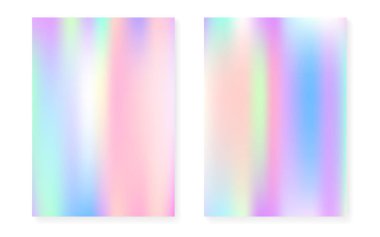 Holografik grafiksel arkaplan hologram kapaklı. 90 'lar, 80' ler modası. Broşür, poster, afiş, mobil uygulama için Pearlescent grafik şablonu. Floresan minimal holografik gradyan.