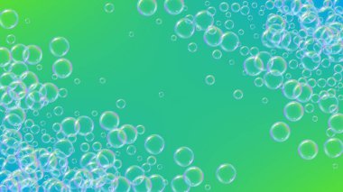 Köpük temizleme. Sabun köpüğü. Banyo için deterjan köpükleri. Şampuan. 3d vektör illüstrasyon daveti. Parlak püskürtme ve sıçrama. Gerçekçi su çerçevesi ve sınır. Yeşil renkli sıvı temizlik köpüğü.