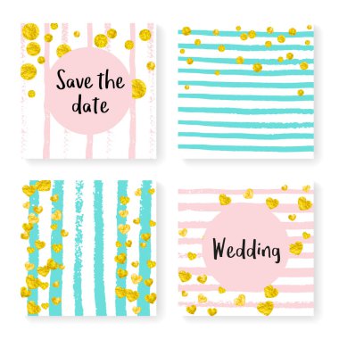 Parlak konfeti ve çizgili düğün davetiyesi. Pembe ve nane arkaplanda altın kalpler ve noktalar. Düğün davetiyesi şablonu parti, etkinlik, düğün partisi, tarih kartını kaydet.