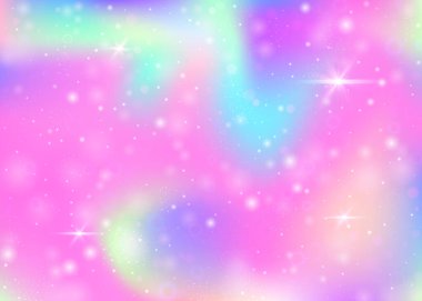 Gökkuşağı örgülü hologram arkaplanı. Prenses renklerinde renkli evren bayrağı. Fantezi gradyan arkaplanı. Peri parıltıları, yıldızlar ve bulanıklıklarla dolu sihirli bir arkaplan..