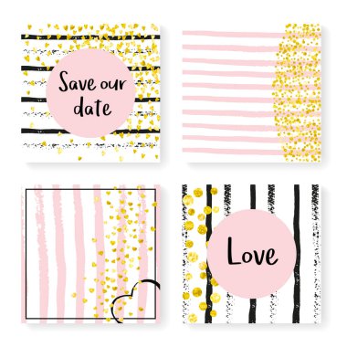 Çizgili düğün simleri konfetisi. Davetiye ayarlandı. Siyah ve pembe arka planda altın kalpler ve noktalar. Parti, etkinlik, düğün öncesi parti için parıltılı şablon, tarih kartını kaydet.